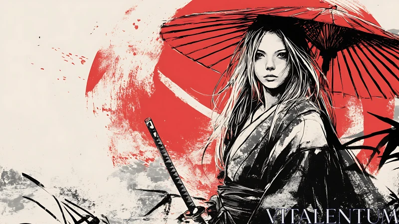 Samurai woman with parasol before bold red sun.