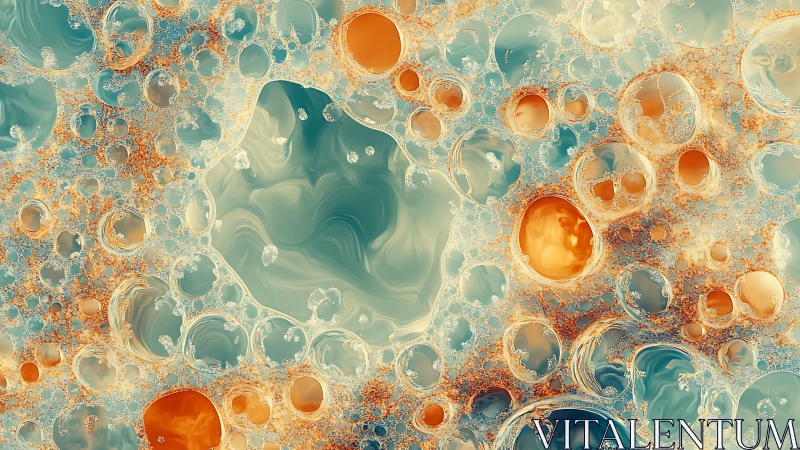 Cellular orbs swirl in teal and amber fractal fields of light.