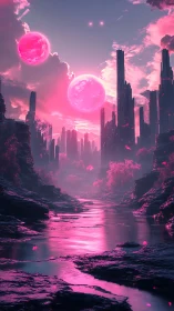 Bifurcated alien river under twin magenta moons and spires