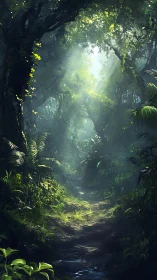 Dense Tropical Rainforest Canopy with Volumetric Light Rays and Understory Vegetation