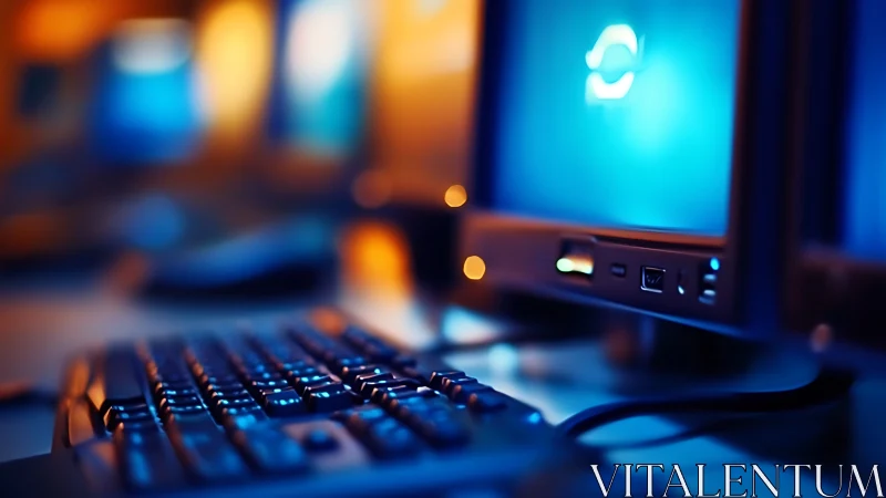 Office desktop workstation glows under blue monitor light