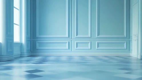 Sunlit blue neoclassical room glows with soft minimal calm