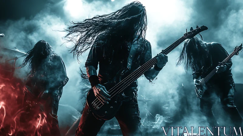 Metal band performing on stage in dense blue concert fog.