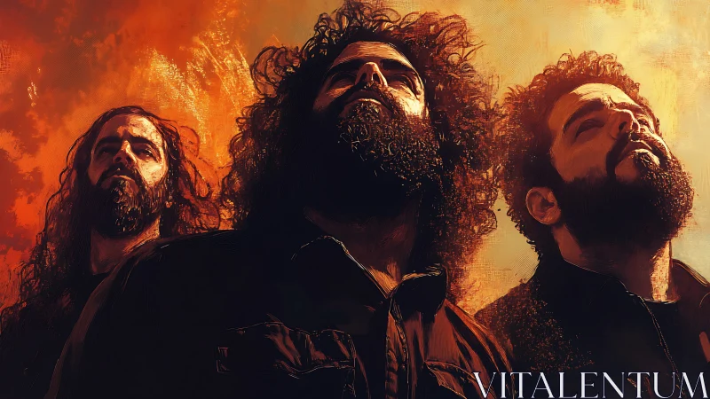 Storm-forged rock trio staring down a burning twilight sky.