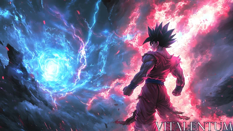 Character stands before swirling blue and red energy vortex