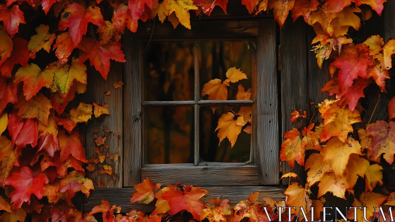 Quiet wooden window wrapped in bright autumn ivy leaves.