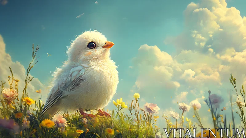 Small white bird in flower meadow under clouded sky.