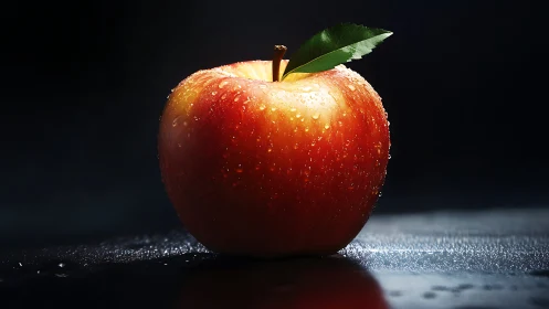 Single dewy apple glows against dramatic dark background.