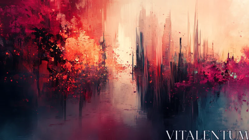 Abstract neon city emerges through blazing crimson haze