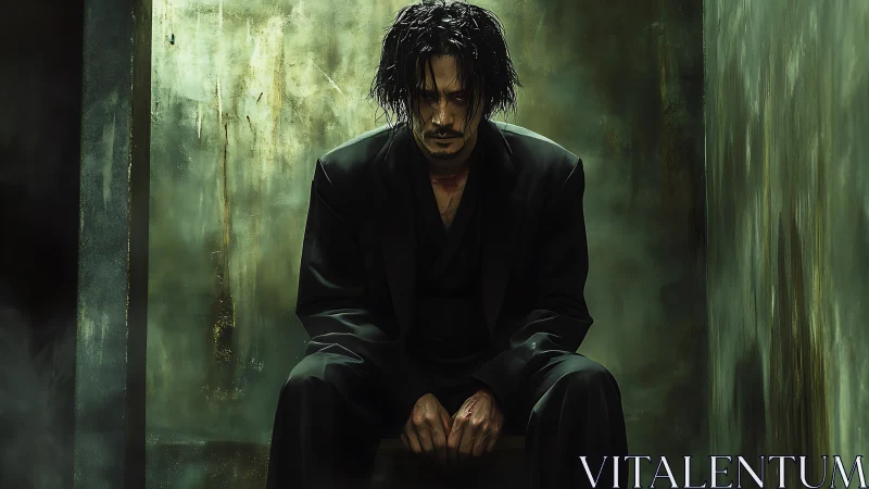 Brooding man in a dim green room finding quiet resolve.