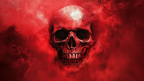 Crimson smoke swirls around a menacing skull in haunting focus