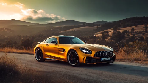 Golden Mercedes sports coupe on rural mountain road.