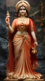 Polychrome goddess idol with ornate drapery and metallic regalia.