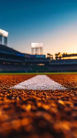 Sunlit baseball baseline leads into a glowing evening stadium.