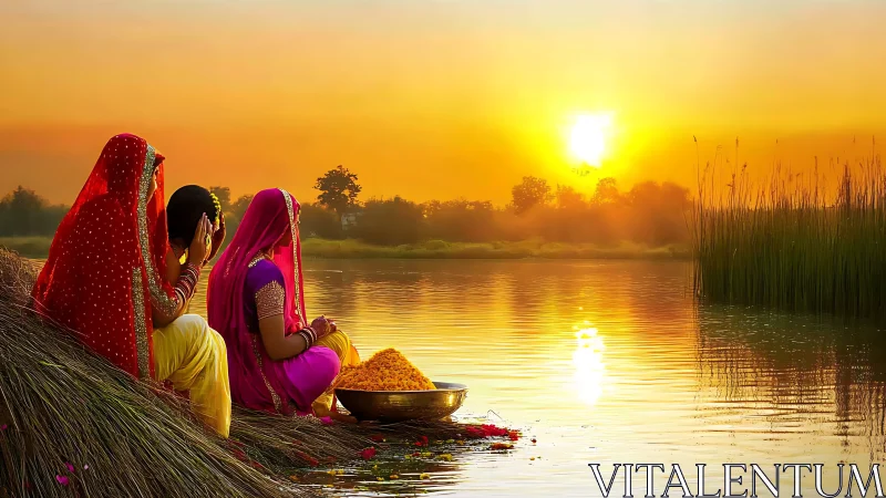 Indian women in traditional attire at riverside during sunset.