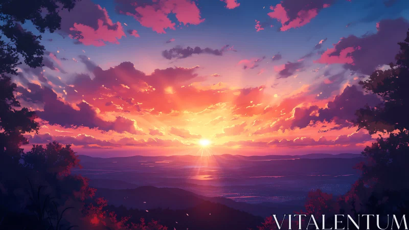Glowing sunset sky welcomes a calm, distant mountain valley