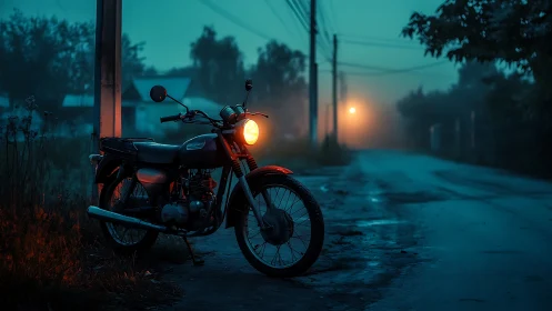 Vintage motorcycle under sodium fog light on empty street.