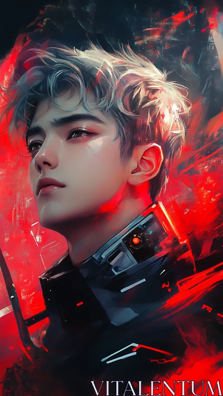 Cyberpunk soldier portrait with red neon energy field.