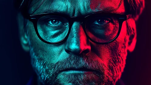 Neon-lit thinker caught between blue logic and red fire.