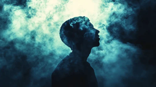 Silhouetted profile dissolves into swirling teal smoke.