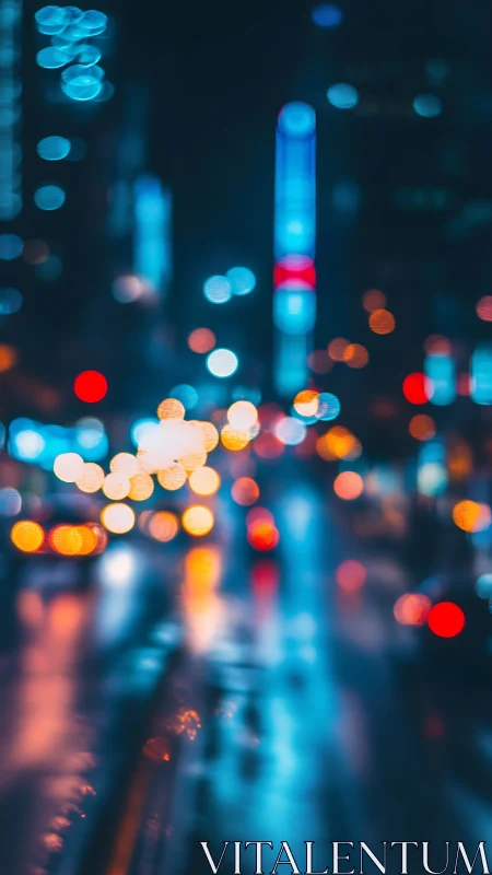 Blurred night city traffic with neon urban bokeh lights.