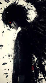 Shadowed winged figure gazes ahead with eerie red eyes