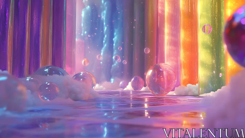 Volumetric rainbow corridor with refractive spheres and soft haze