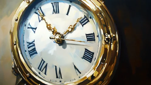Gold framed clock with Roman numerals in close view.