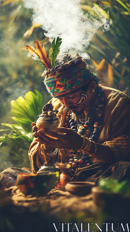 Forest shaman cradles smoking vessel in sunlit jungle hush.