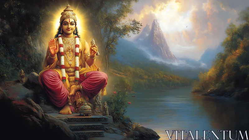 Radiant Hindu deity seated beside a tranquil sacred river.