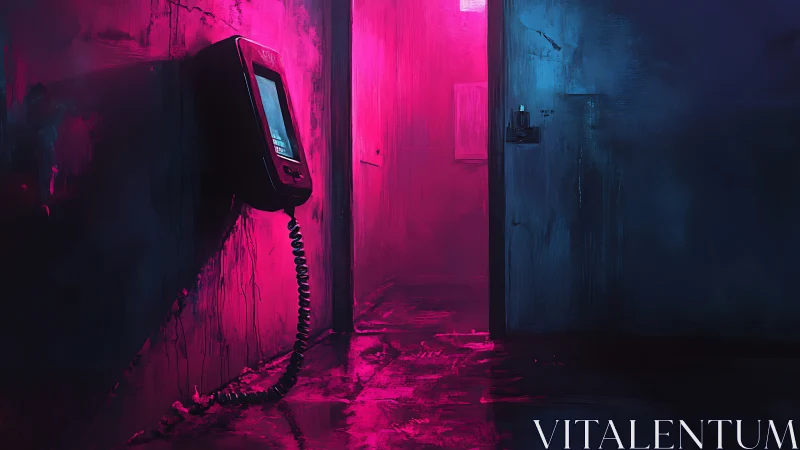 Wall phone in neon lit corridor with dark blue shadows.