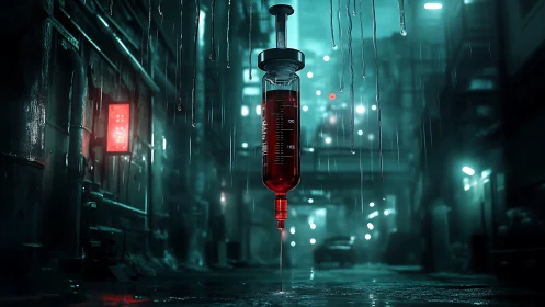 Suspended blood syringe drips through neon drenched alley rain