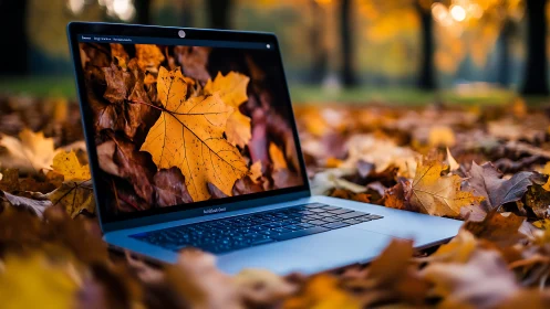 Laptop dreaming in golden leaves, autumn’s quiet workstation.