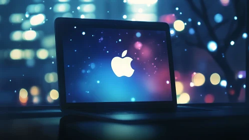 Luminous laptop screen with glowing logo in city nightscape.