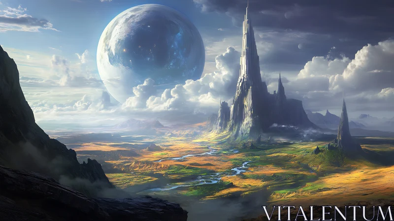 Ringed planet horizon over towering alien citadel landscape