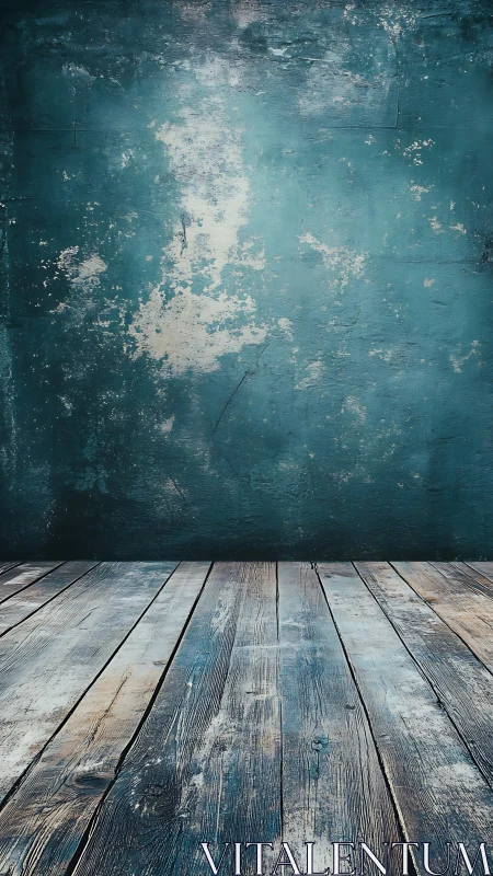Weathered teal wall quietly meets timeworn wooden stage