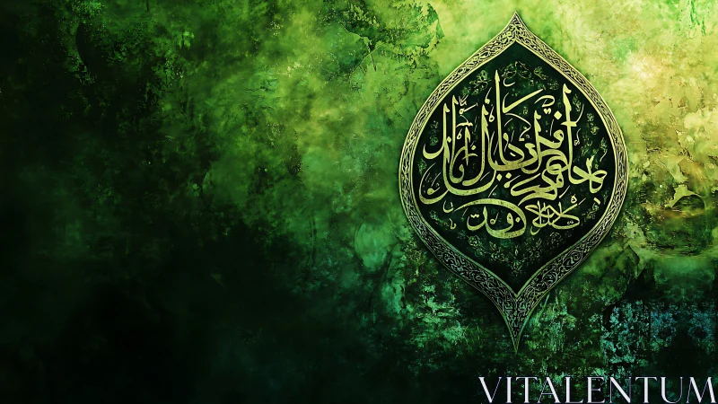 Emerald calligraphic emblem on textured abstract green field.