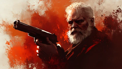 Veteran gunman portrait in red splatter digital painting.
