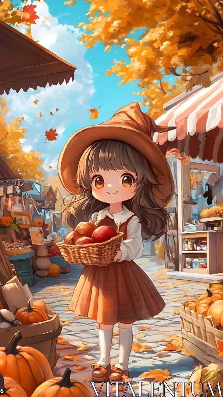 Child holding apple basket in autumn street market scene.