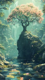 Flourishing cherry tree crowns luminous waterfall gorge.