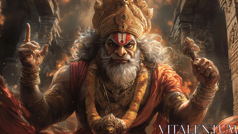 Mythic warrior figure in ornate temple environment. Period.