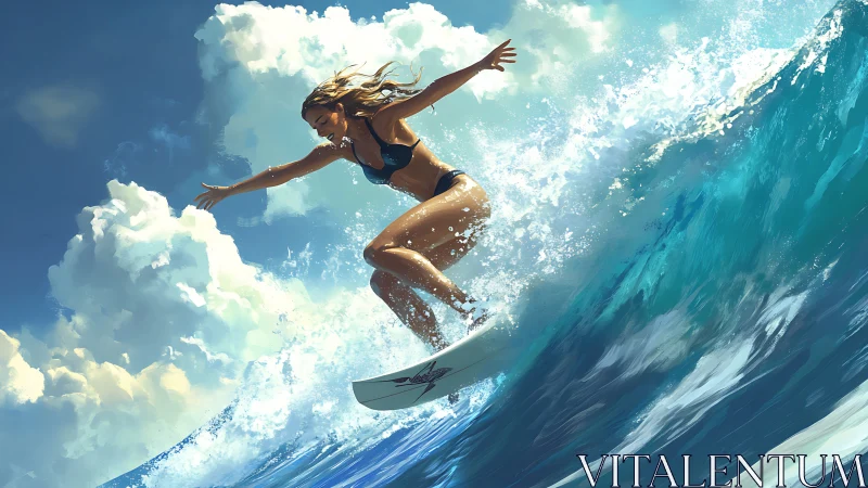Sunlit surfer riding a turquoise wave with joyful ease.