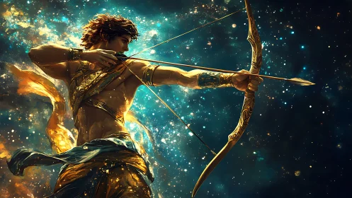 Celestial archer poised amid swirling golden starlight.