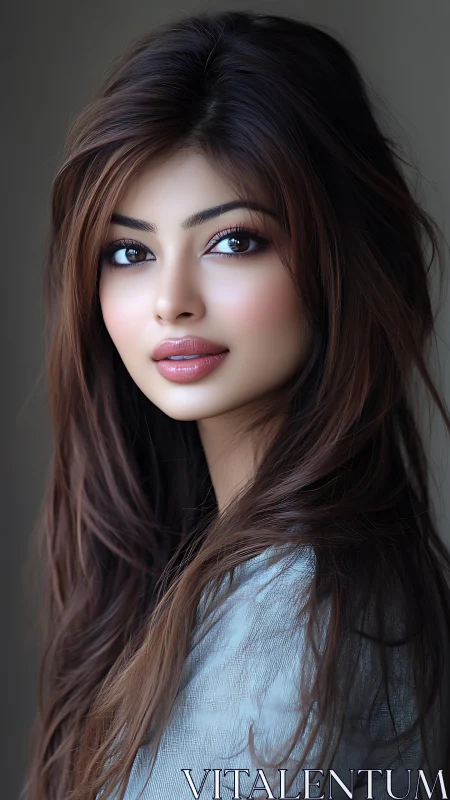 Soft-lit digital portrait captures serene feminine beauty.