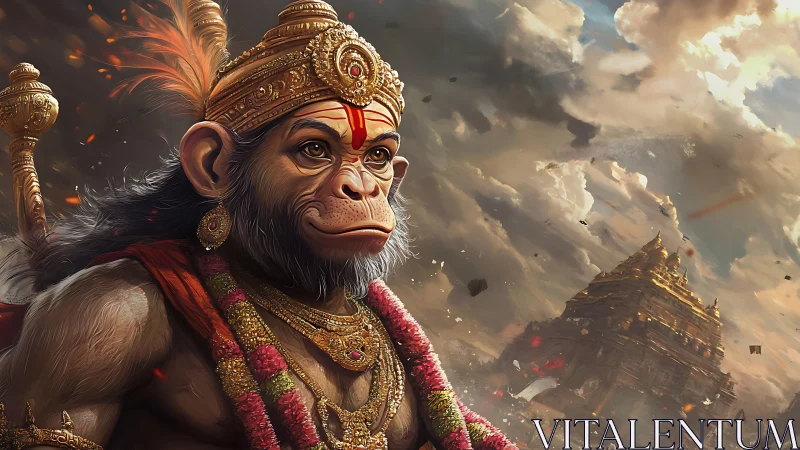 Mythological monkey figure in ornate armor before temple.