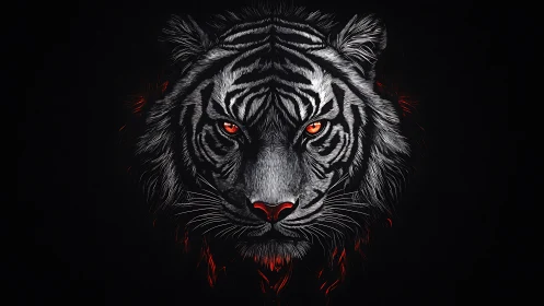 White tiger head illustration with glowing red eyes.