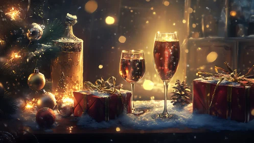 Photorealistic Christmas still life with gifts and glasses.