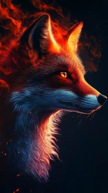 Fiery fox portrait with glowing embers and neon fur lighting.