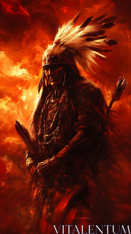 Indigenous warrior in feathered headdress stands in flames