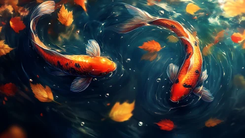 Two koi fish circling in dark pond with drifting leaves.